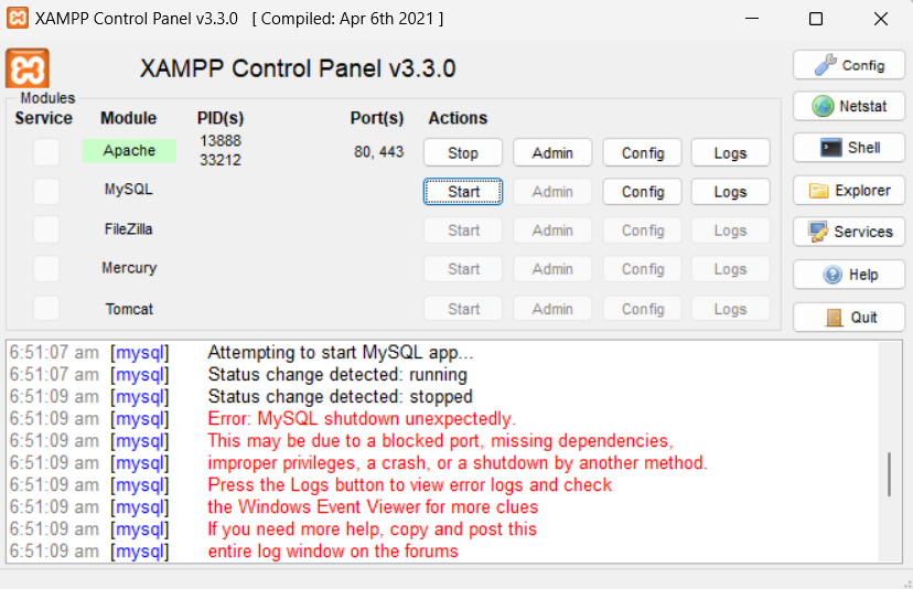 MySQL shutdown unexpectedly